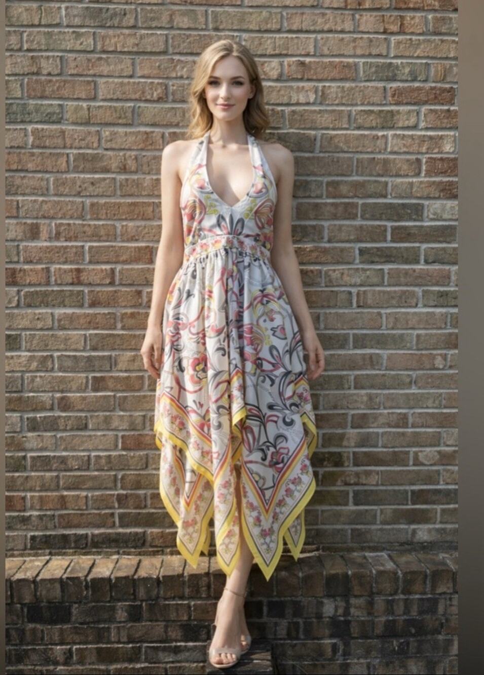 Y2K Fairycore H&M L Halter Handkerchief Hem Dress Sz 6 Ivory Pink Paisley Print